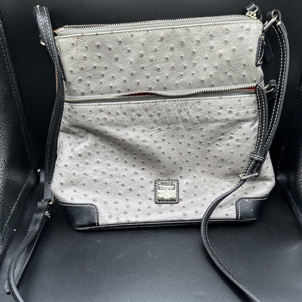 Dooney & Bourke Barlow Gray Ostrich Purse / Adjust Crossbody Hand Bag - Red Int.
